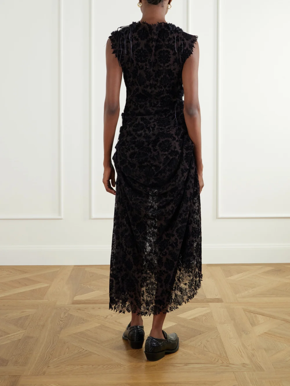 Back view of the Pauline Dujancourt Najia Asymmetric Lace Midi Dress