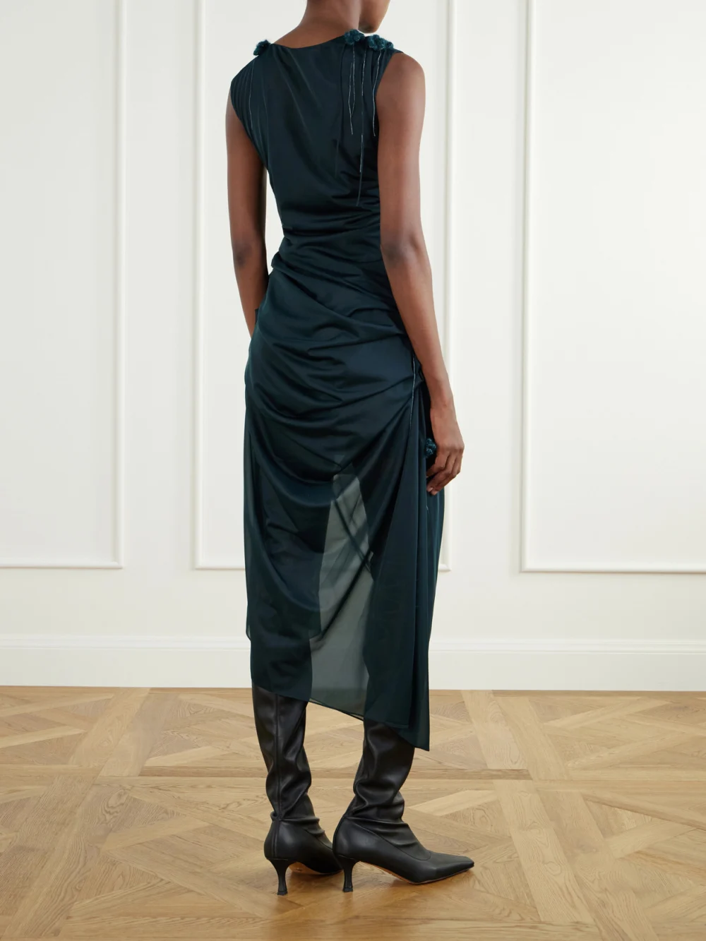 Back view of the Pauline Dujancourt Najia Floral-appliquéd Gathered Asymmetric Jersey Midi Dress