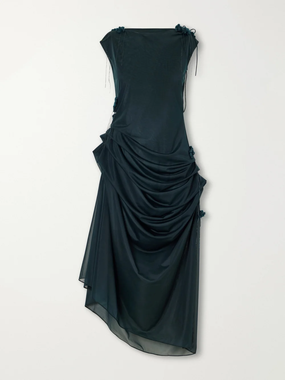 Pauline Dujancourt Najia Floral-appliquéd Gathered Asymmetric Jersey Midi Dress in emerald