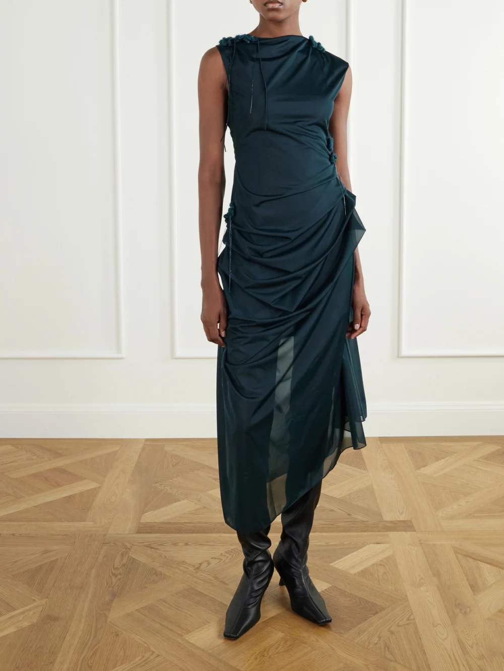 Pauline Dujancourt Najia Floral-appliquéd Gathered Asymmetric Jersey Midi Dress, worn by a model