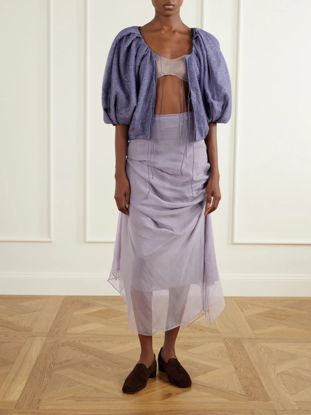 Pauline Dujancourt Poppy Floral-print Organza Bra, worn by a model
