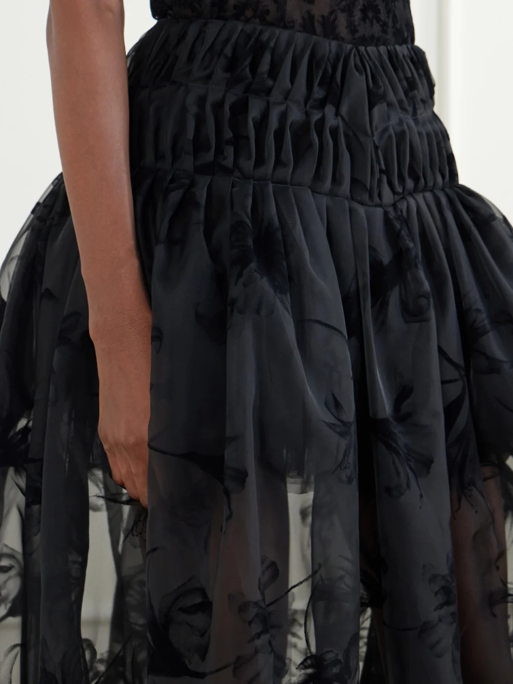 Close-up detail of the Pauline Dujancourt Rebecca Velvet-trimmed Organza Midi Skirt
