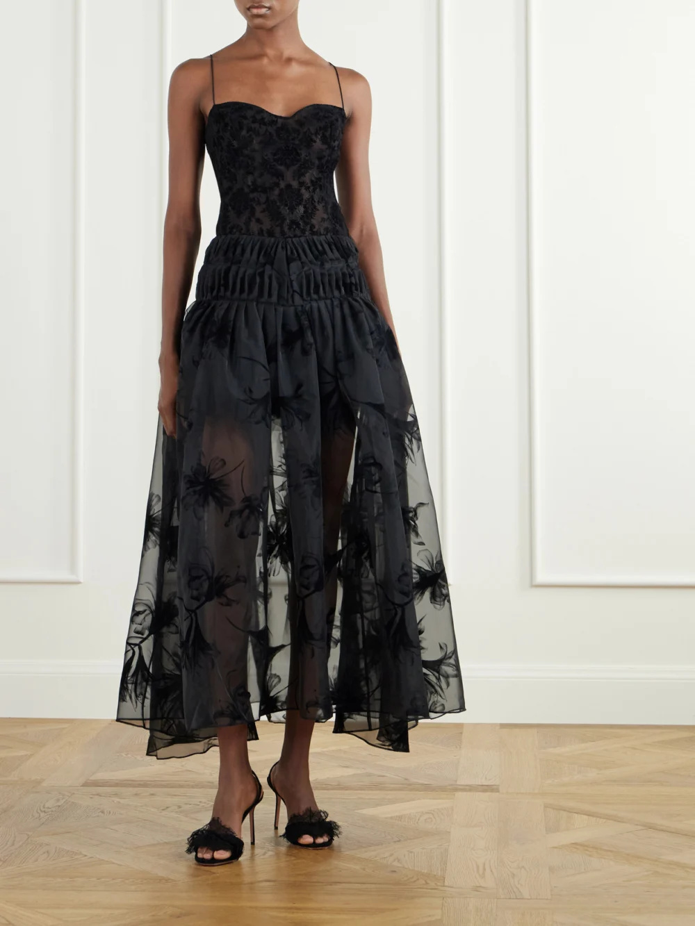 Pauline Dujancourt Rebecca Velvet-trimmed Organza Midi Skirt, worn by a model