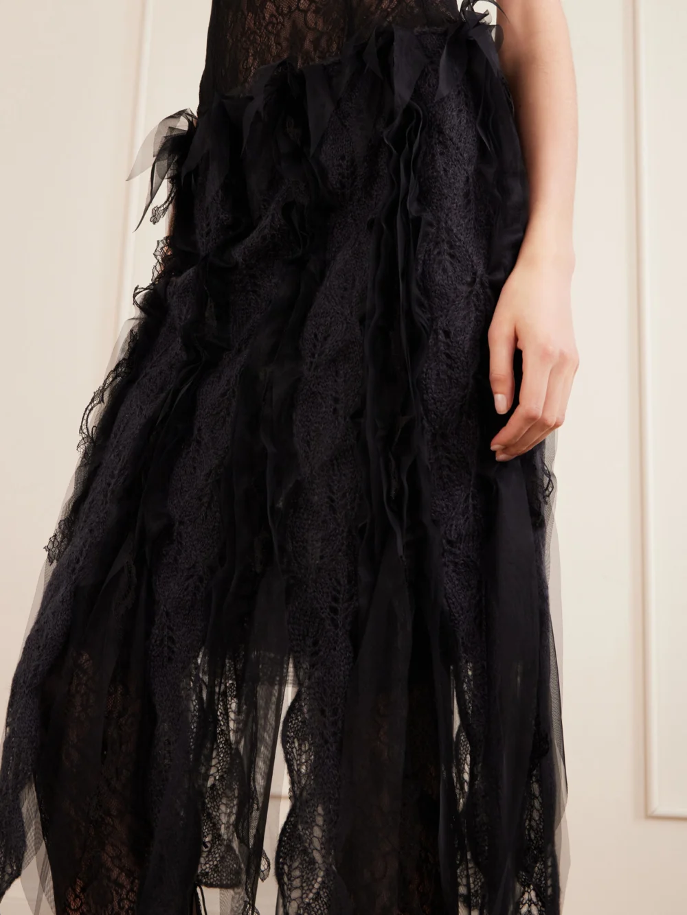 Close-up detail of the Pauline Dujancourt Tulle-trimmed Brushed-knit Midi Skirt