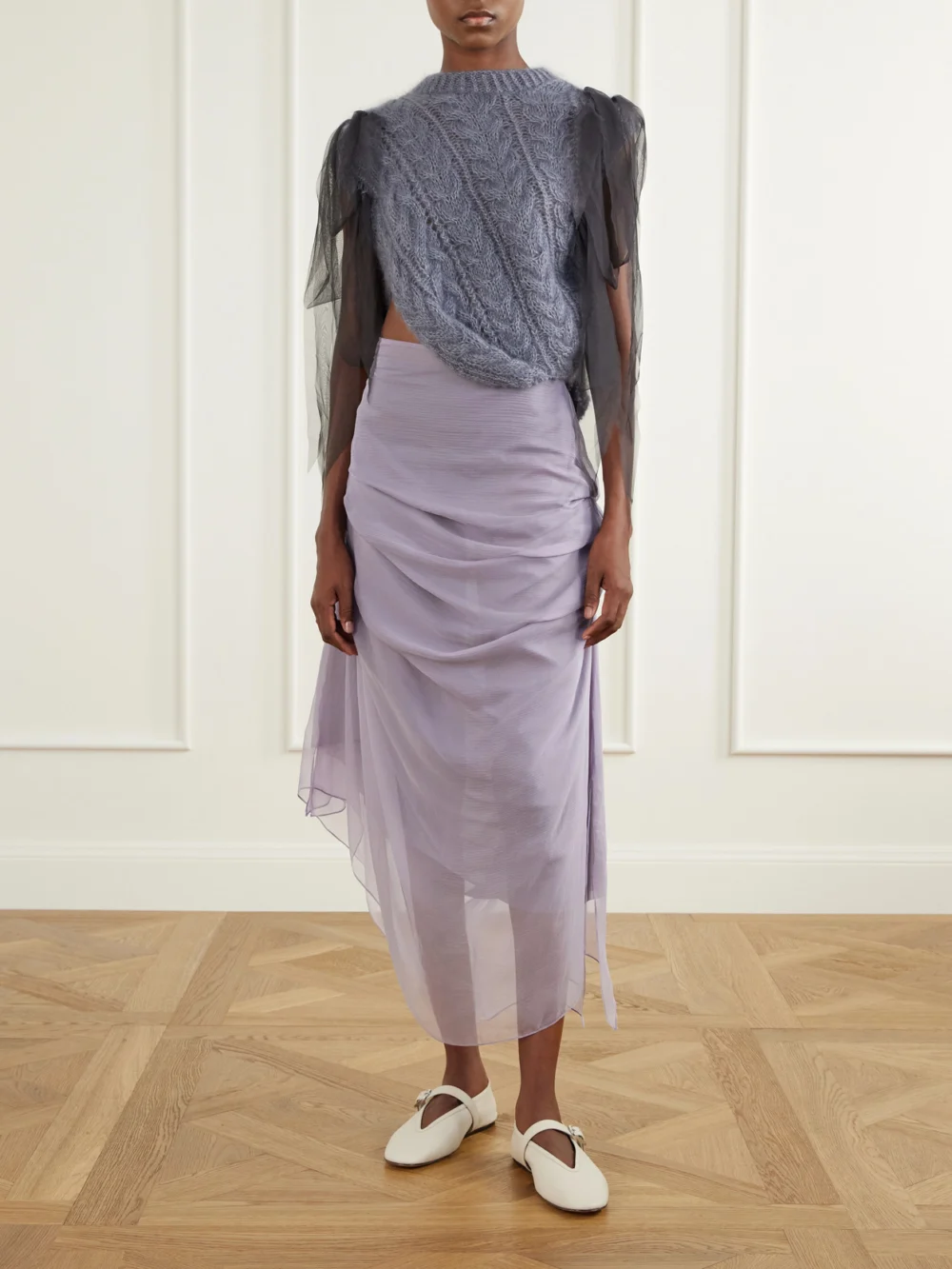 Pauline Dujancourt Winnie Chiffon-trimmed Wool-blend Sweater, worn by a model