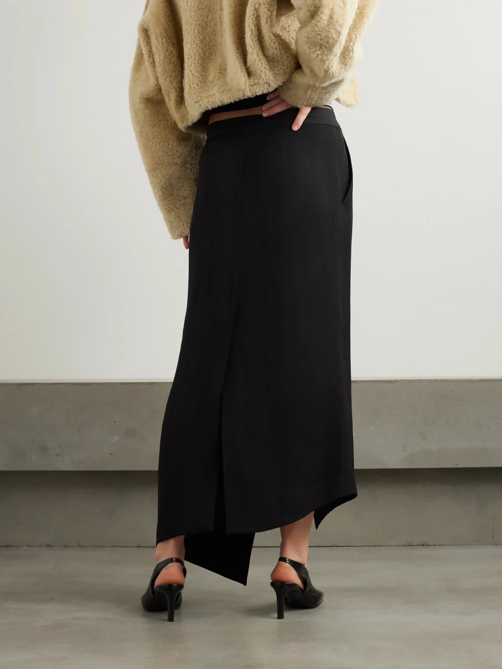 Back view of the Petar Petrov Precious Asymmetric Cady Maxi Wrap Skirt