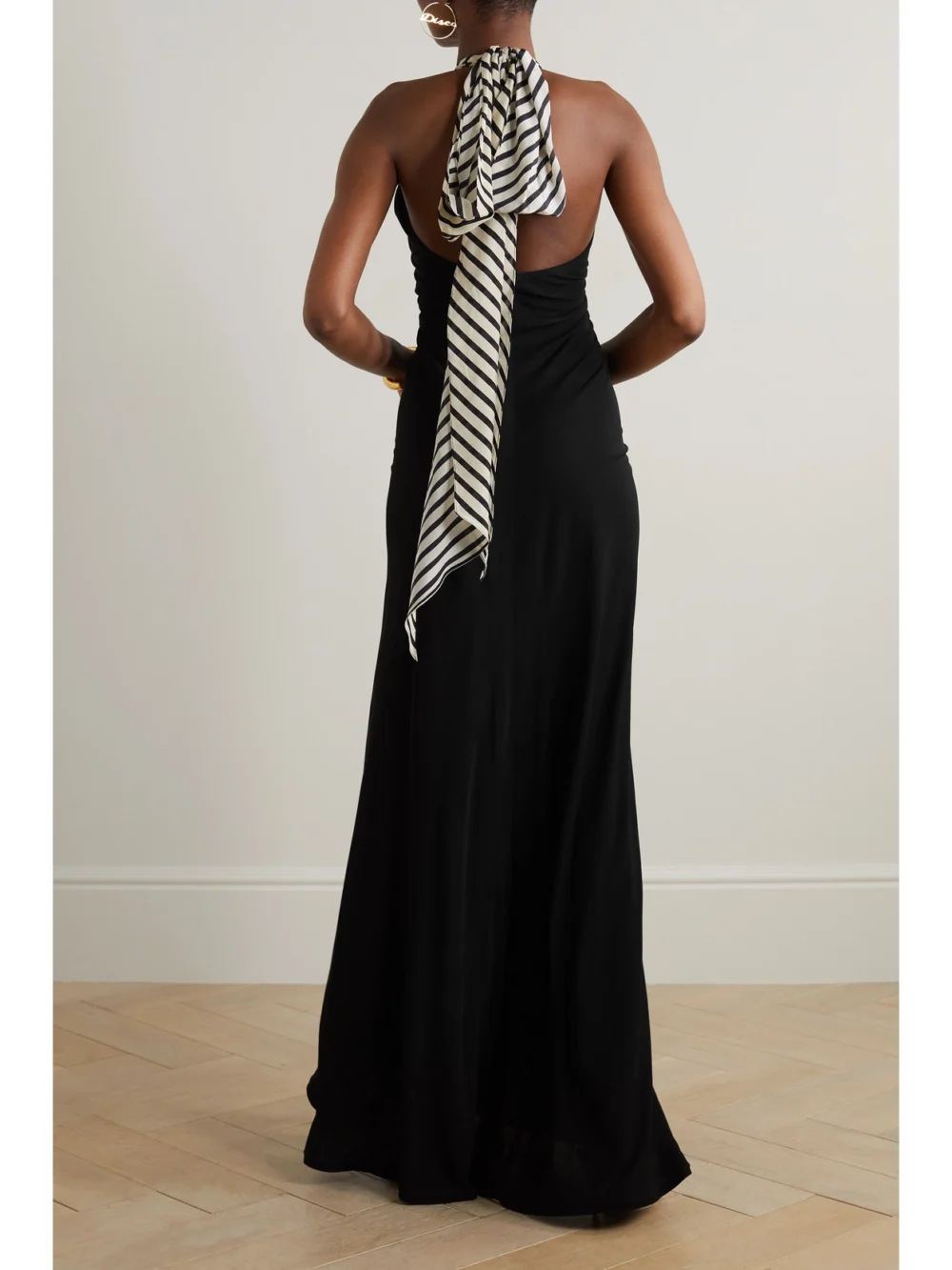Back view of the Petar Petrov Syros Striped Silk-trimmed Gathered Jersey Halterneck Maxi Dress
