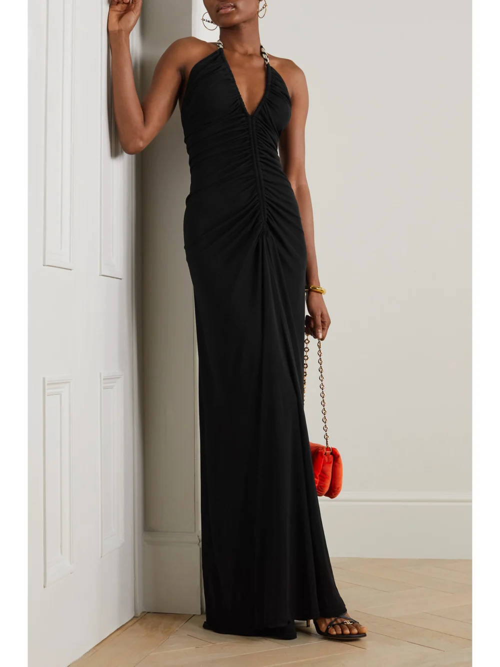 Petar Petrov Syros Striped Silk-trimmed Gathered Jersey Halterneck Maxi Dress, worn by a model