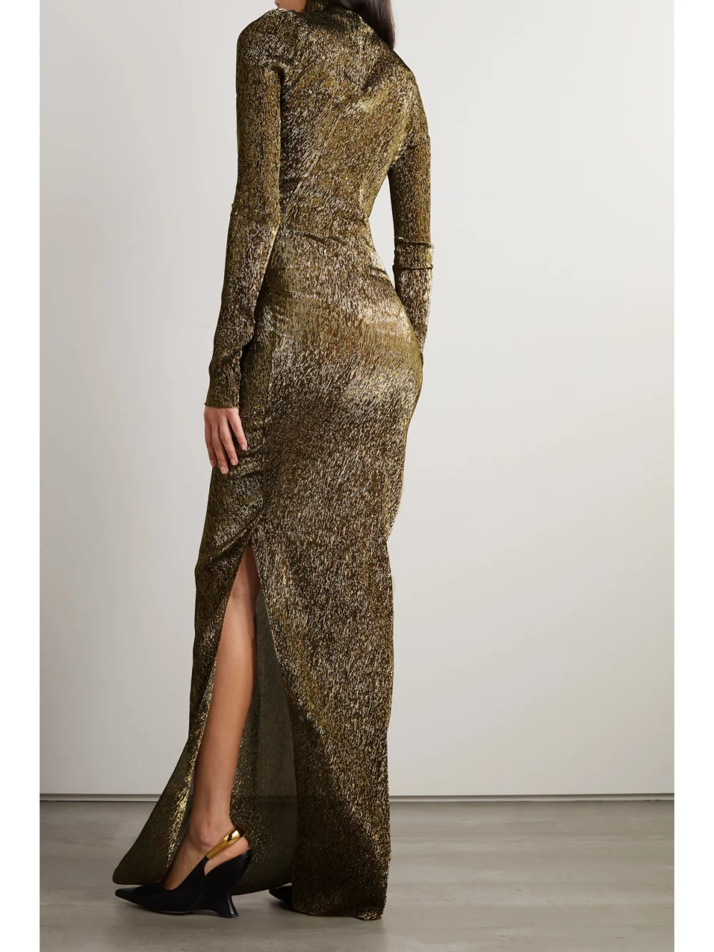Back view of the Petar Petrov Treasure Metallic Plissé-chiffon Maxi Dress