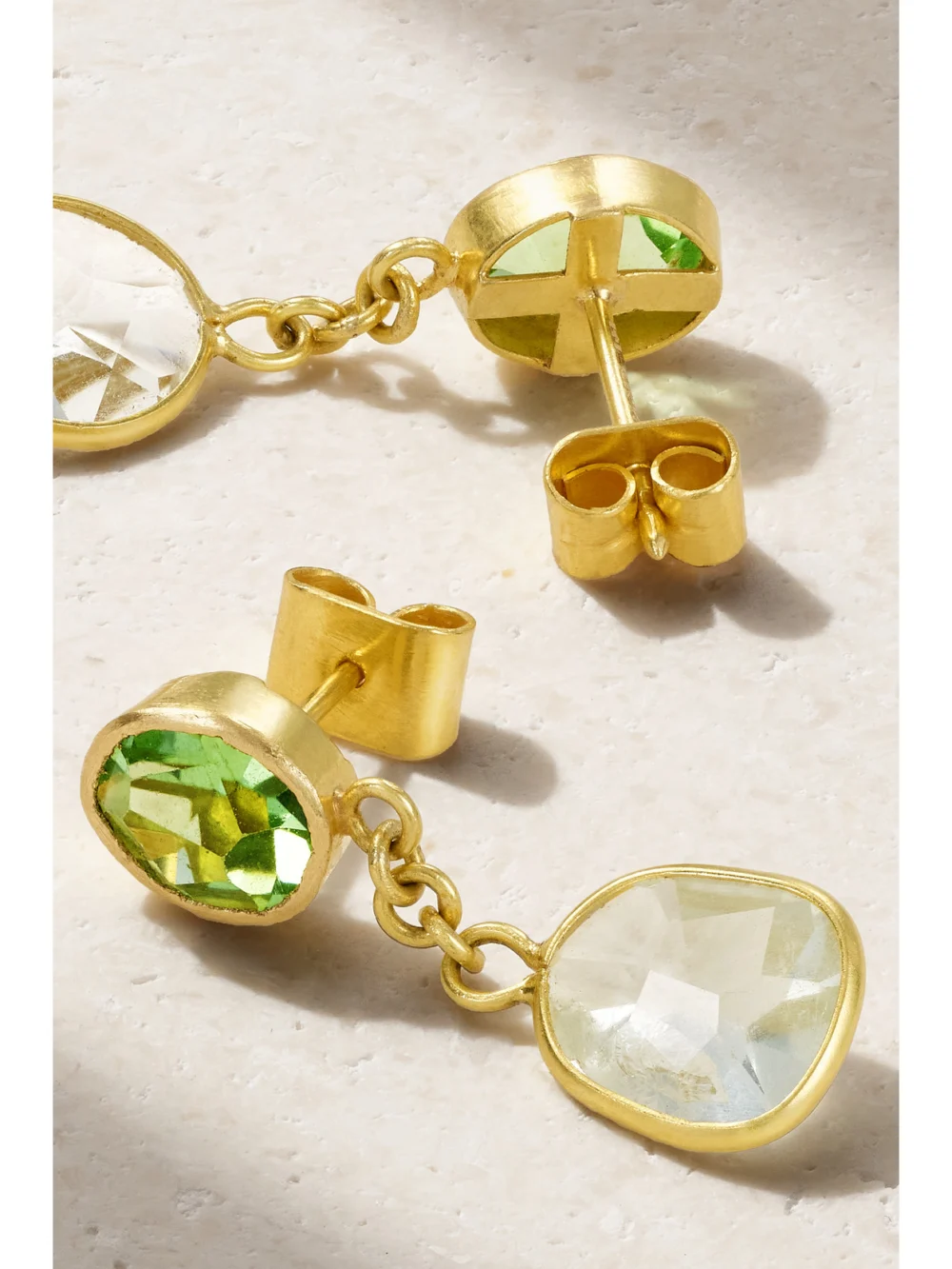 Close-up detail of the Pippa Small 18-karat Gold, Aquamarine and Peridot Earrings