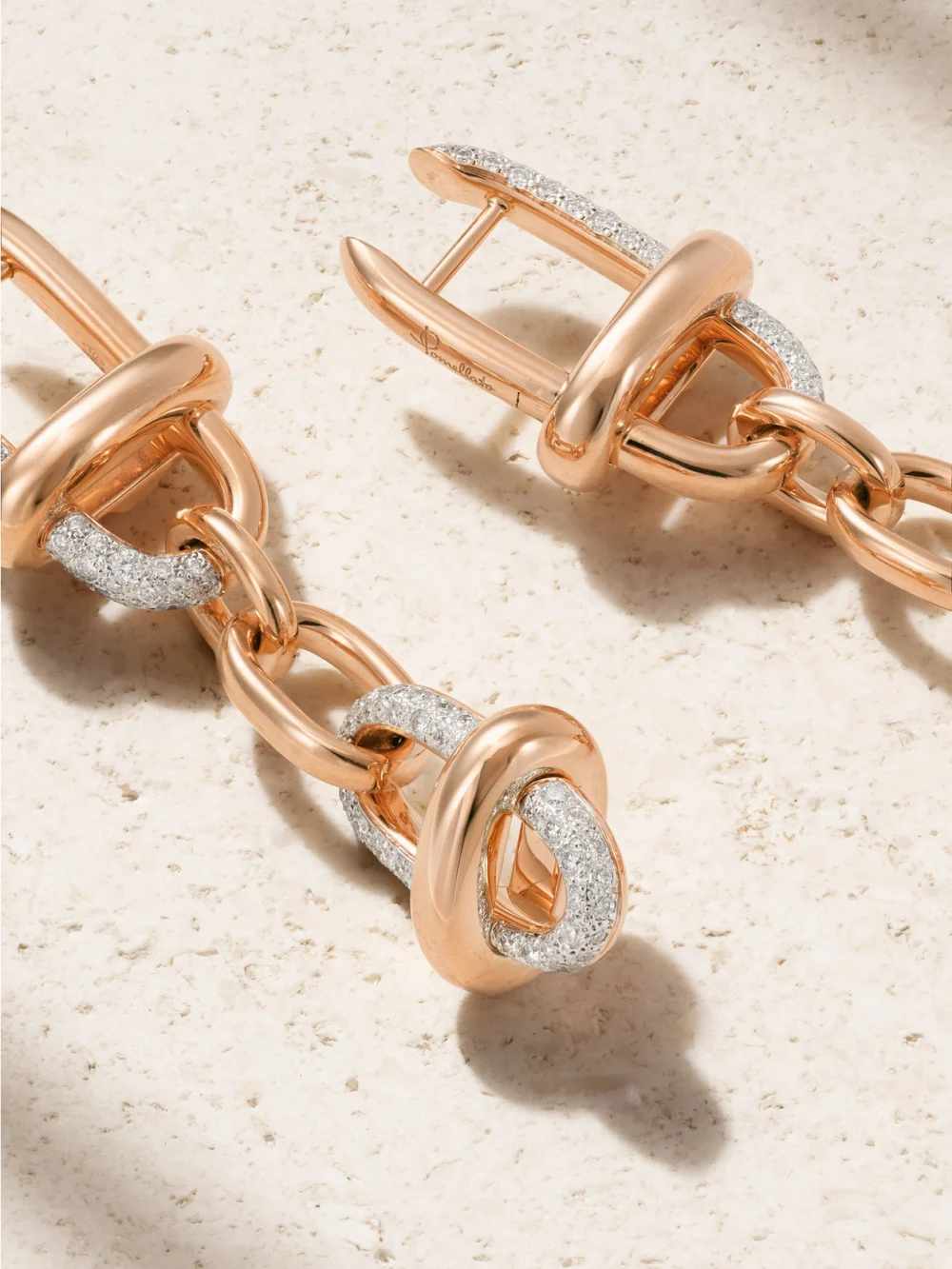 Back view of the Pomellato Iconica 18-karat Rose and Rhodium-plated White Gold Diamond Earrings