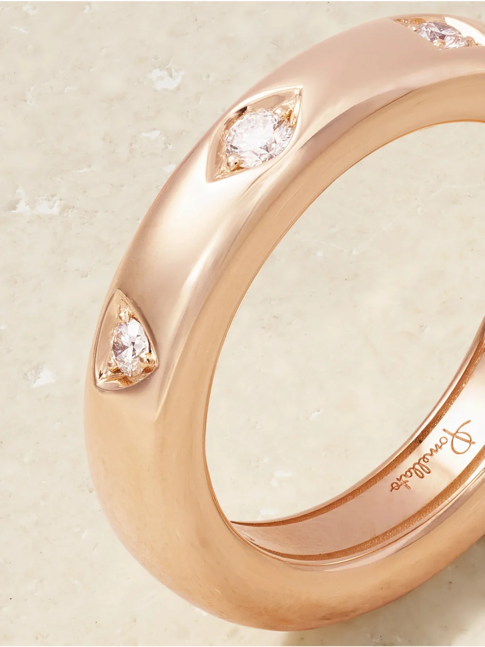 Close-up detail of the Pomellato Iconica Extra Slim 18-karat Rose Gold Diamond Ring