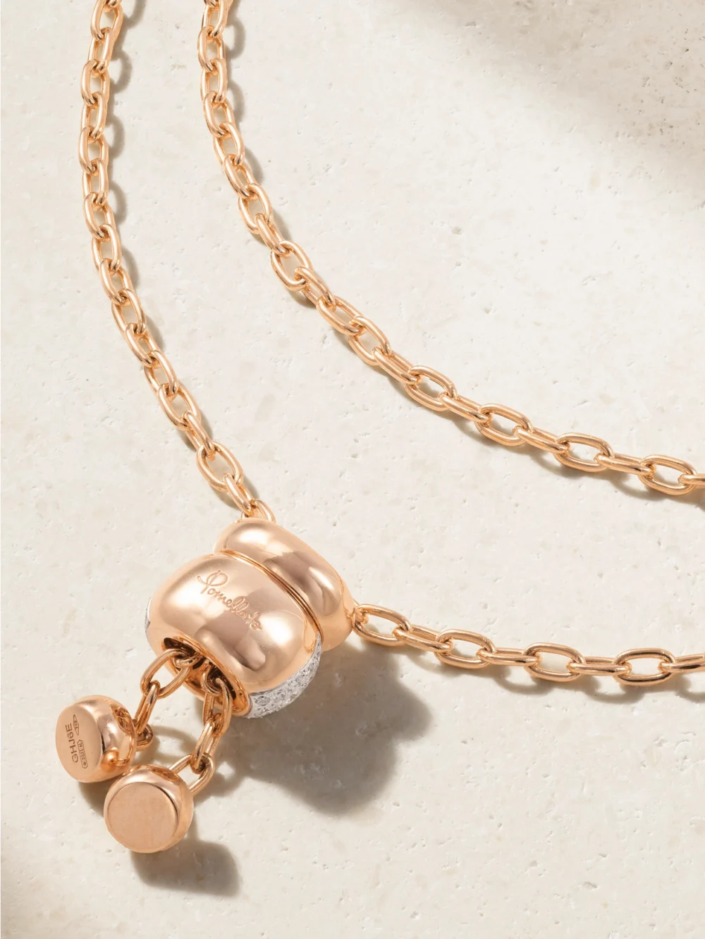 Back view of the Pomellato Iconica Rhodium-plated 18-karat Rose Gold Diamond Necklace