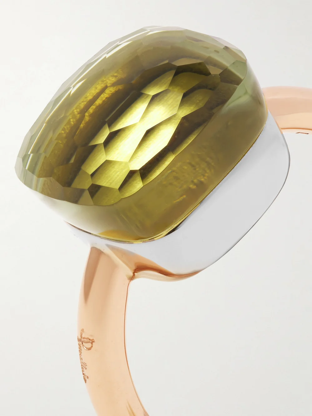 Close-up detail of the Pomellato Nudo Maxi 18-karat Rose Gold Prasiolite Ring