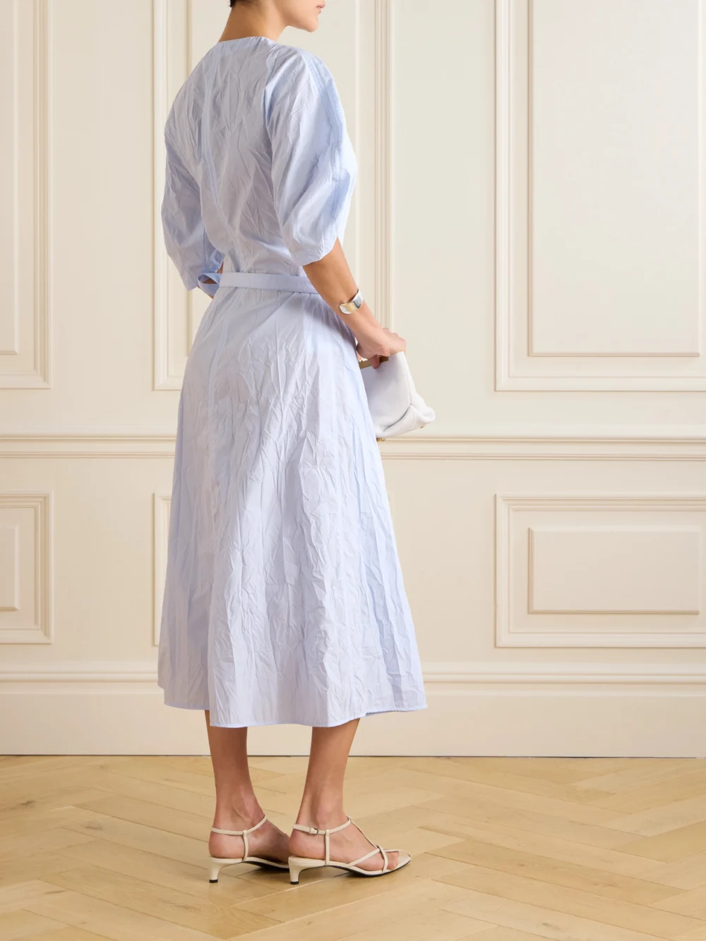 Back view of the Proenza Schouler Alicia Crinkled Cotton-blend Gabardine Midi Wrap Dress