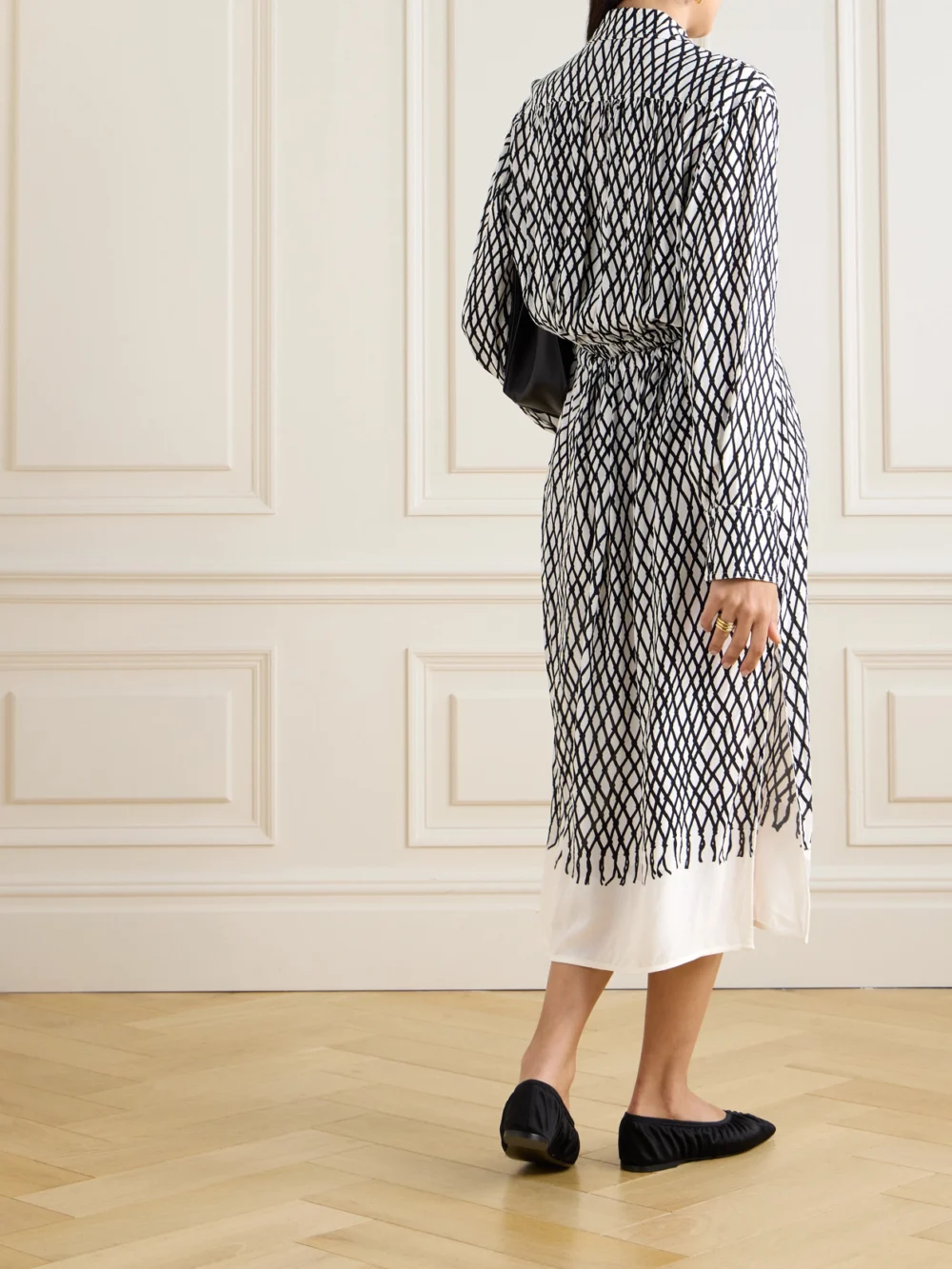 Back view of the Proenza Schouler Bailey Belted Printed Crepe Midi Dress