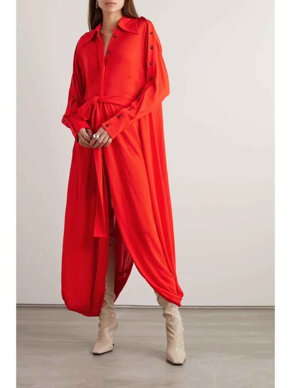 Proenza Schouler Belted Jersey-crepe Maxi Shirt Dress, worn by a model