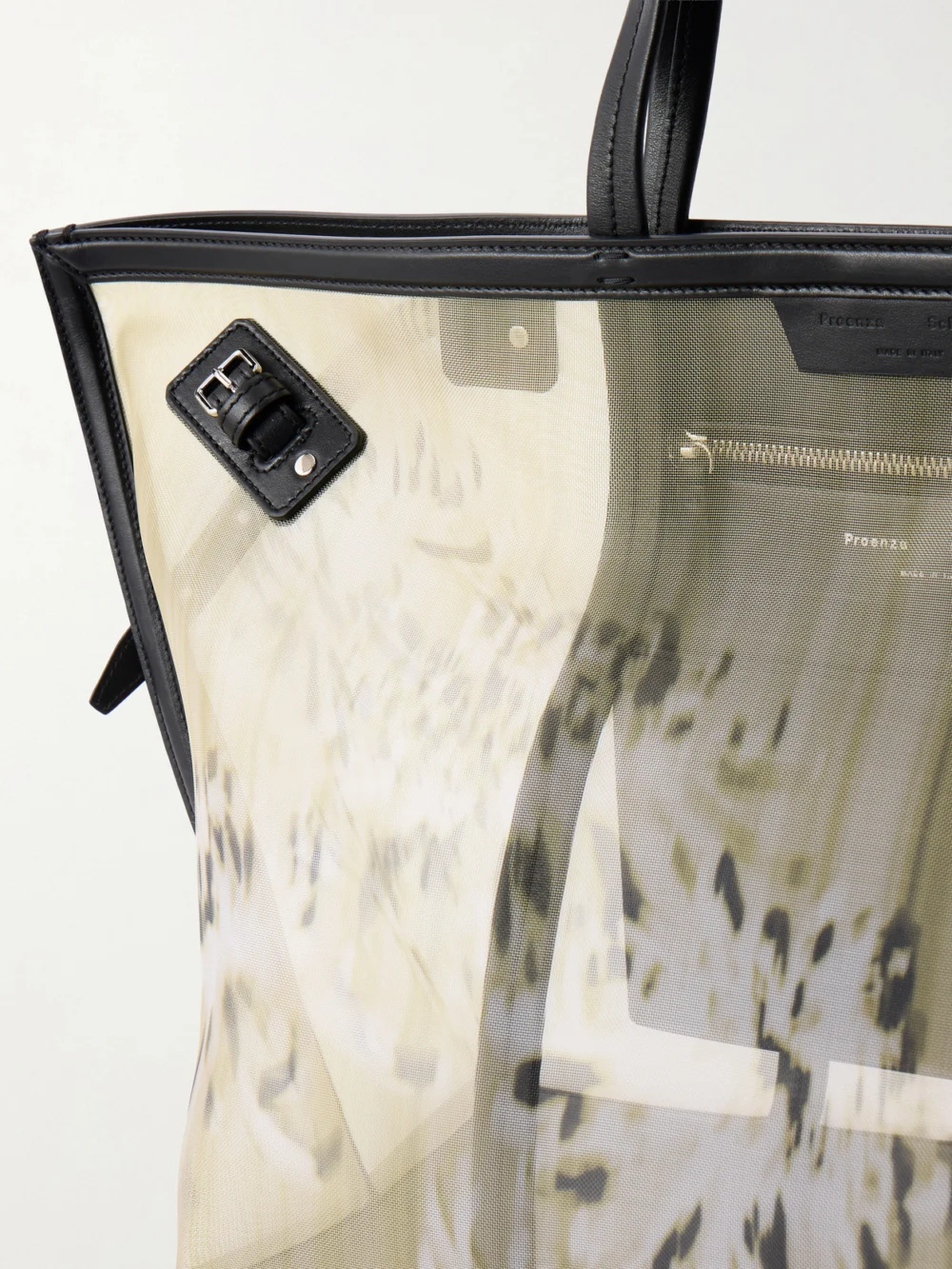 Close-up detail of the Proenza Schouler Days Carryall Leather-trimmed Printed Mesh Tote
