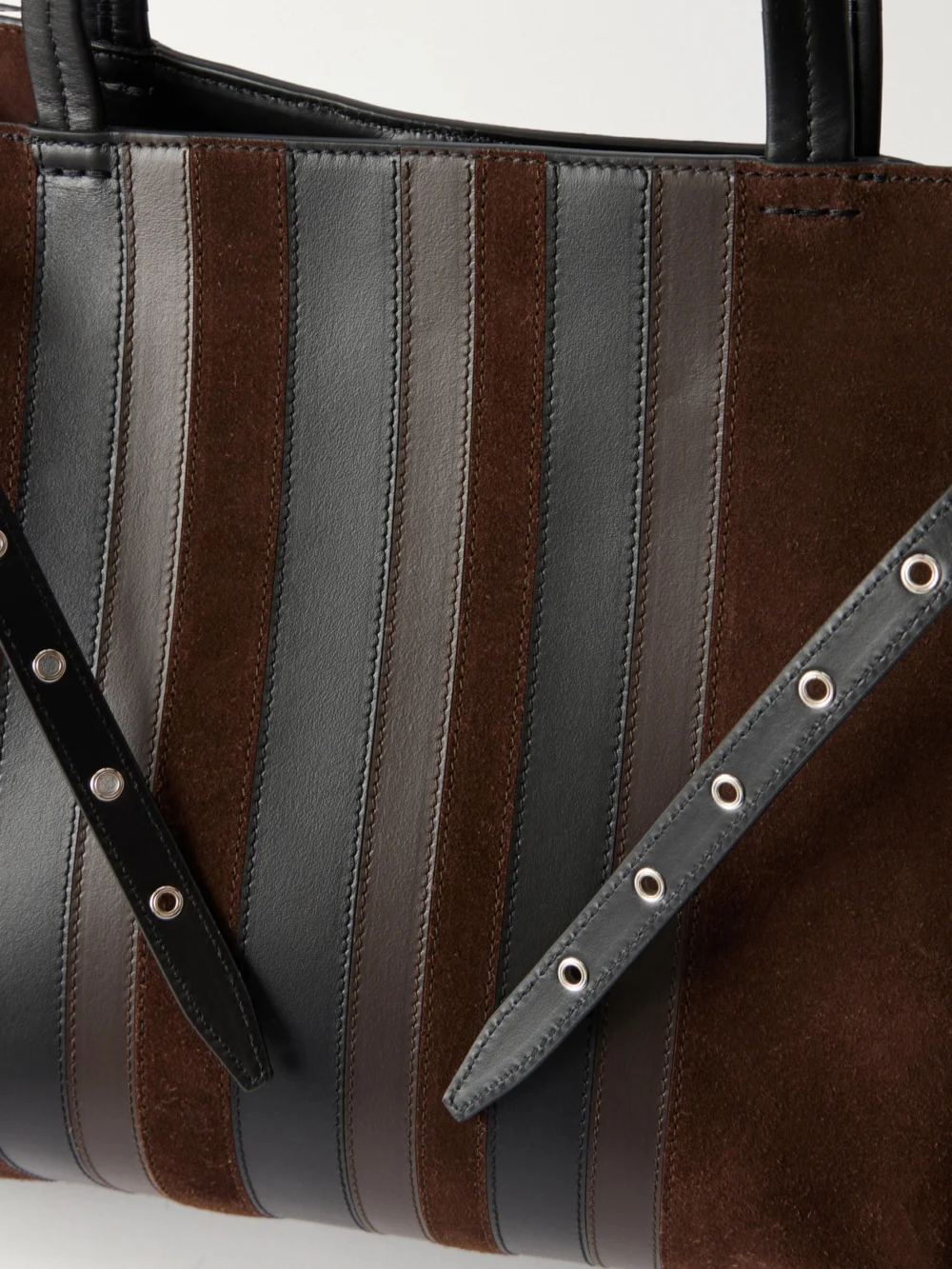 Close-up detail of the Proenza Schouler Days Paneled Leather and Suede Shoulder Bag