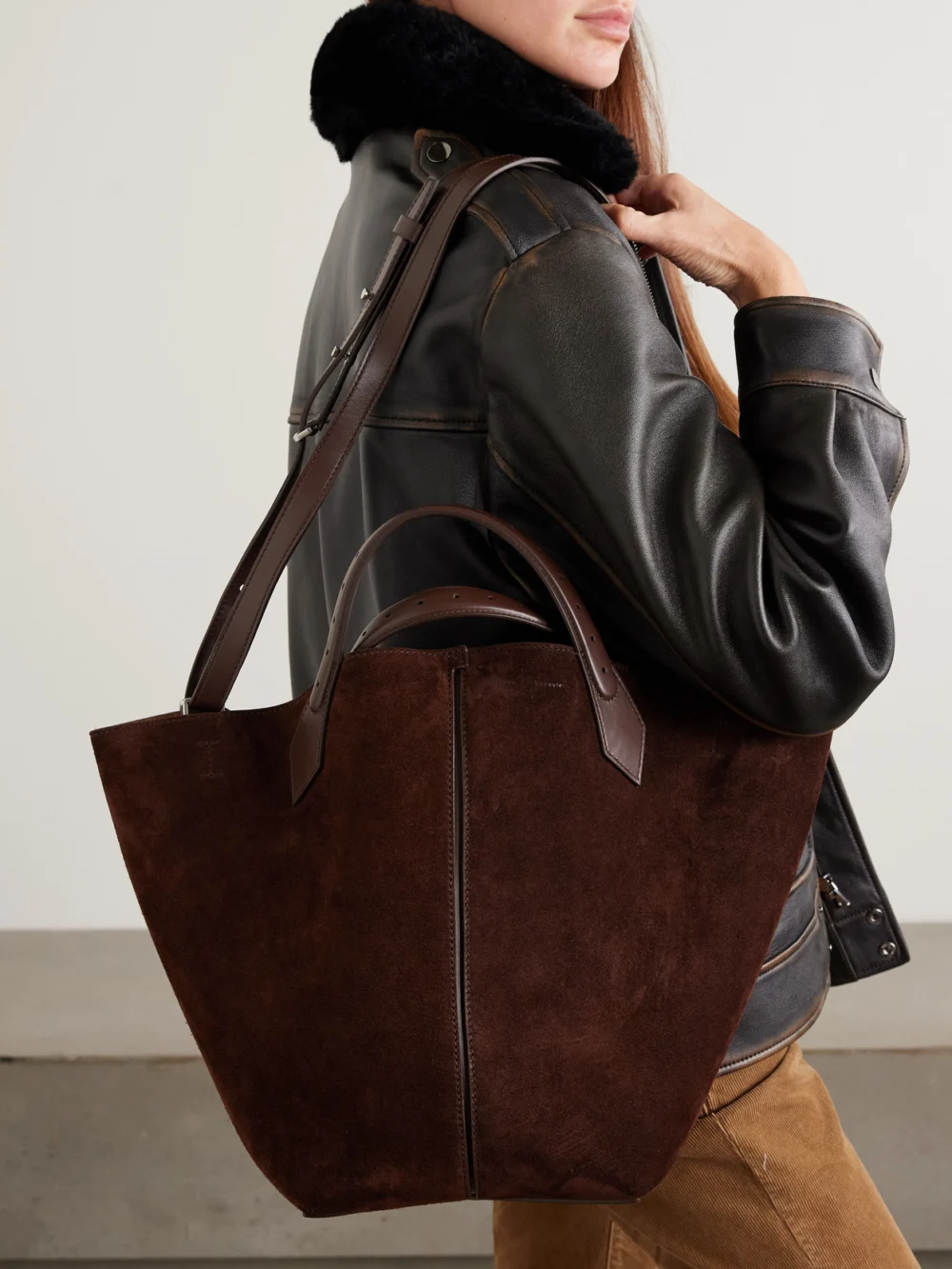 Proenza Schouler Large Chelsea Leather-trimmed Paneled Suede Tote, styled view