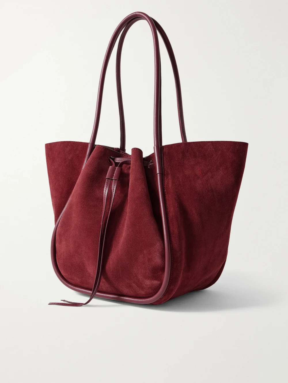 Back view of the Proenza Schouler Large Leather-trimmed Ruched Suede Tote