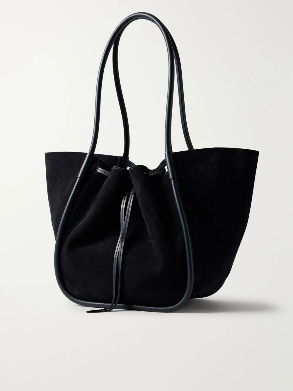 Back view of the Proenza Schouler Large Leather-trimmed Ruched Suede Tote