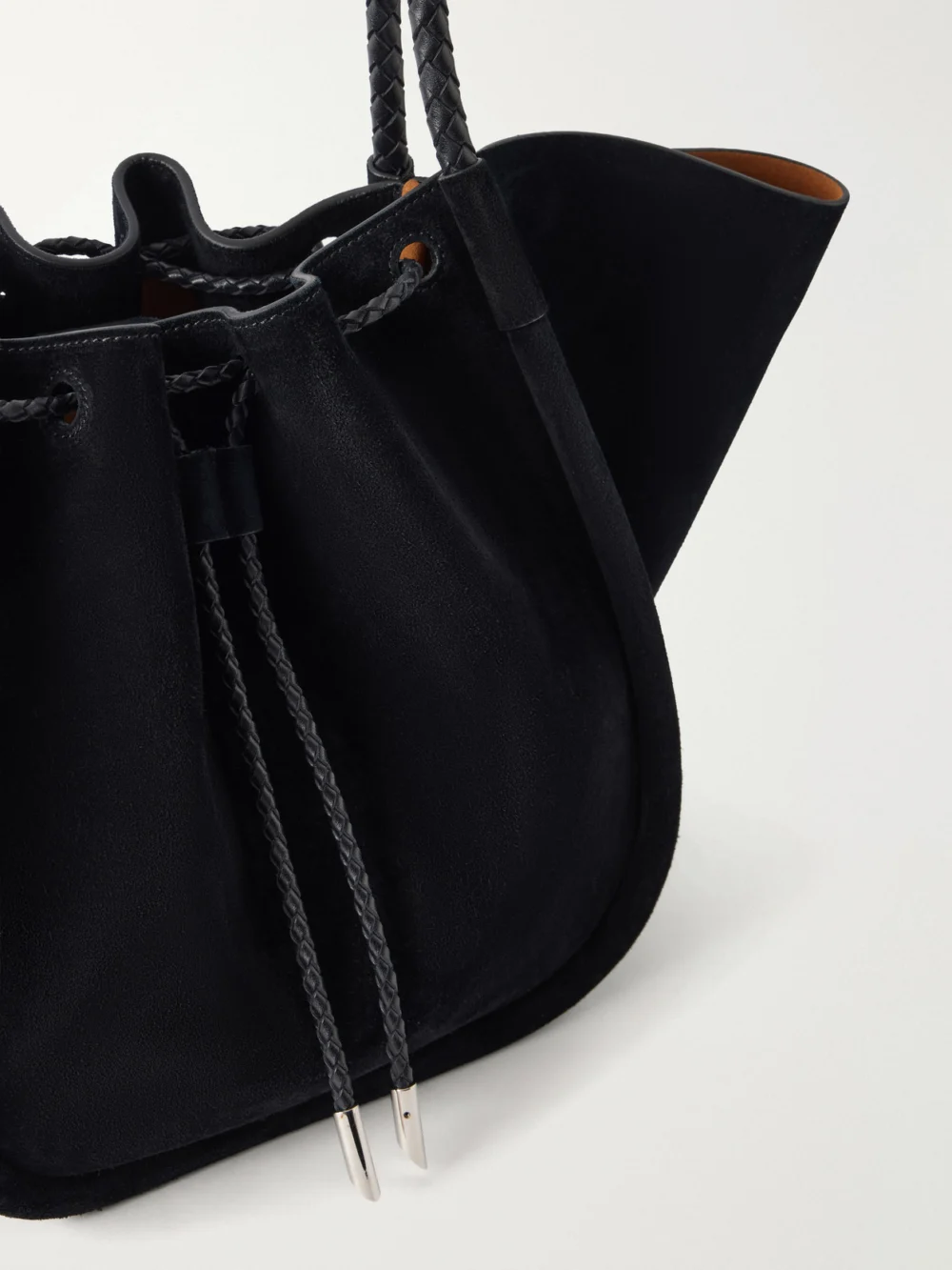 Close-up detail of the Proenza Schouler Large Ruched Leather-trimmed Suede Tote