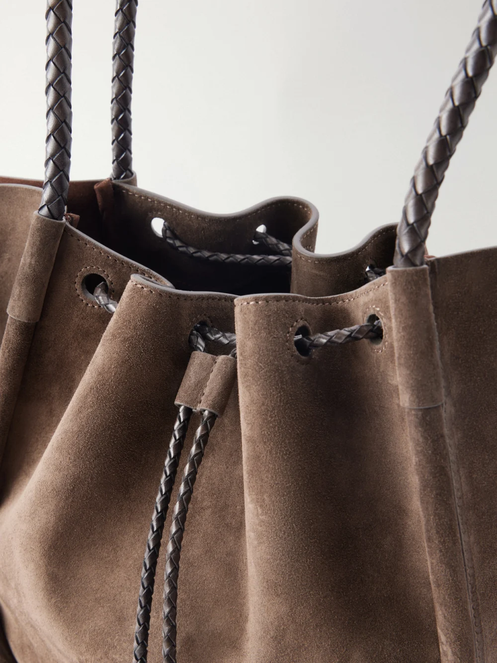 Close-up detail of the Proenza Schouler Large Ruched Leather-trimmed Suede Tote