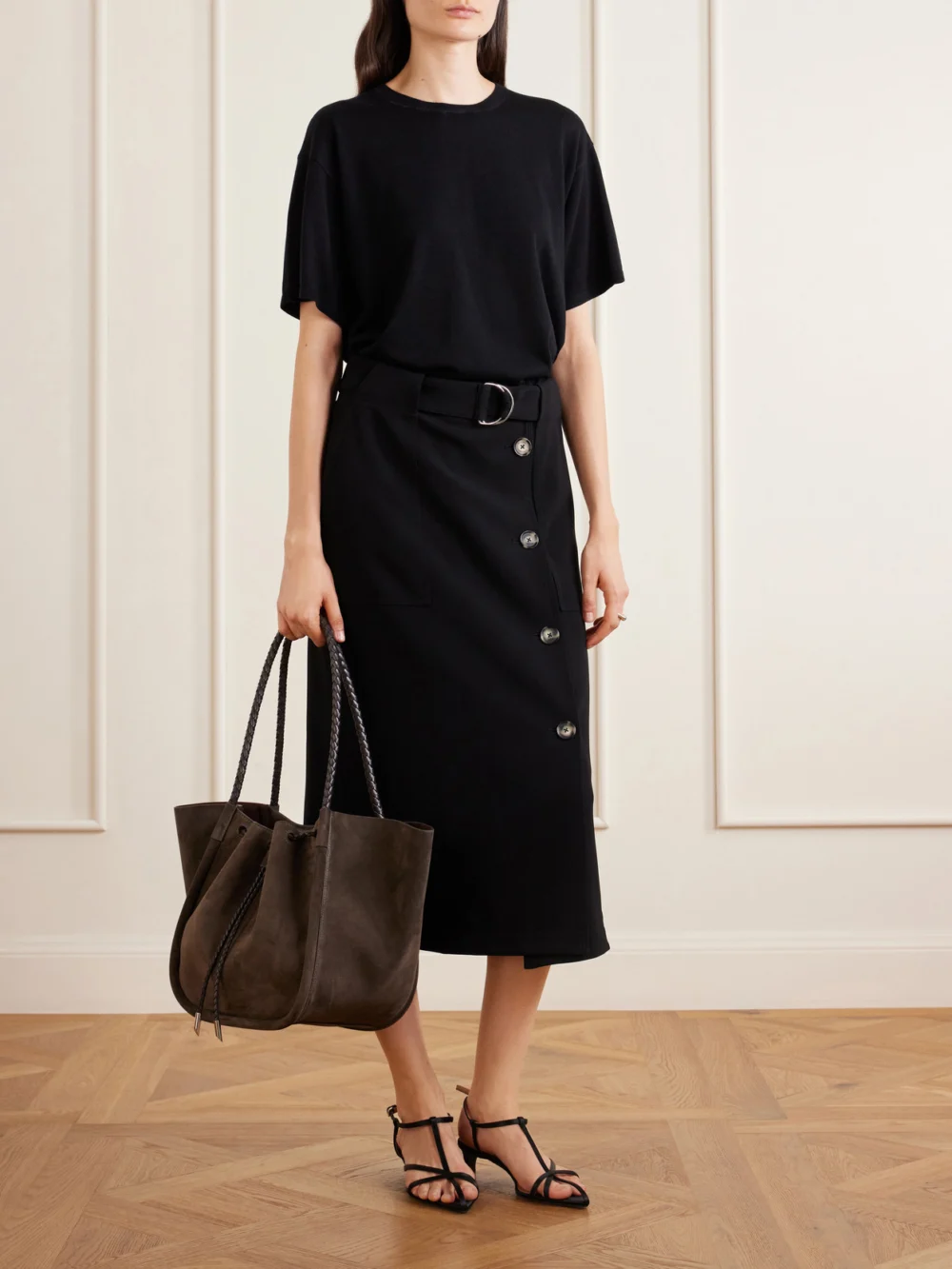 Proenza Schouler Large Ruched Leather-trimmed Suede Tote, styled view