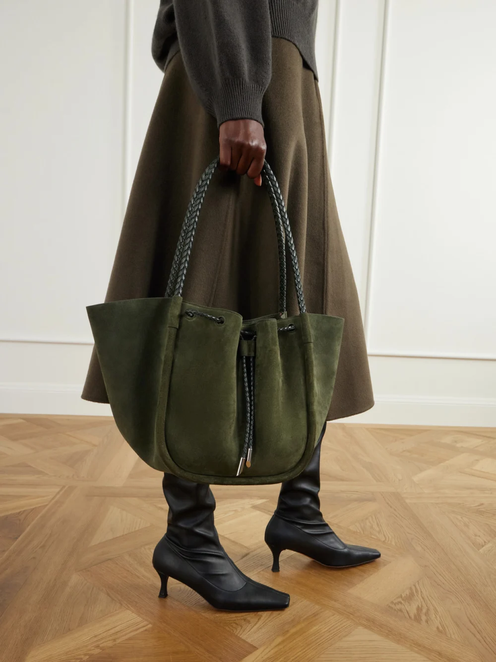 Close-up detail of the Proenza Schouler Large Ruched Leather-trimmed Suede Tote