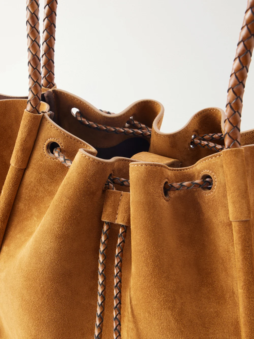 Close-up detail of the Proenza Schouler Large Ruched Leather-trimmed Suede Tote