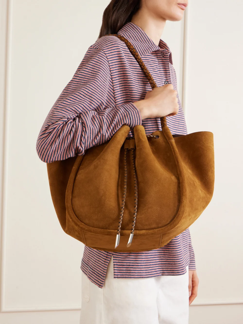 Proenza Schouler Large Ruched Leather-trimmed Suede Tote, styled view