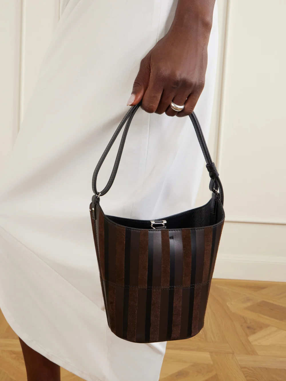 Proenza Schouler Mini Bucket Intarsia Leather and Suede Bag, styled view