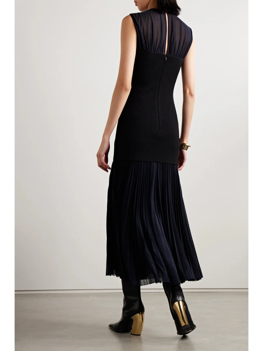 Back view of the Proenza Schouler Niki Layered Pleated Jersey and Ribbed-knit Midi Dress