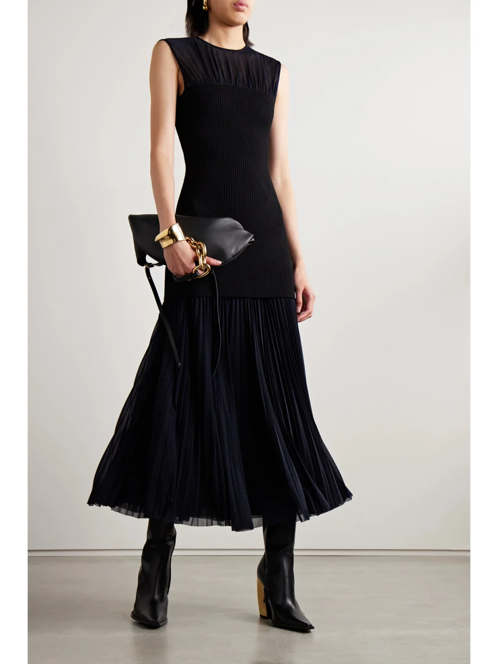 Proenza Schouler Niki Layered Pleated Jersey and Ribbed-knit Midi Dress, worn by a model