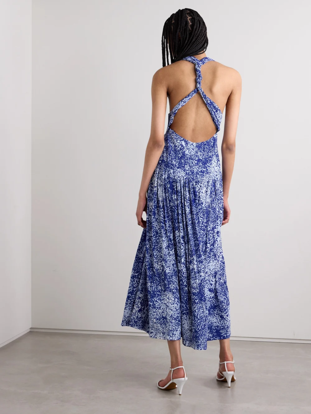 Back view of the Proenza Schouler Simone Pleated Printed Crepe Maxi Dress