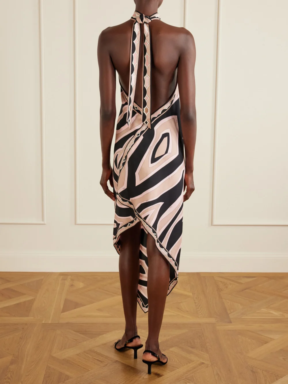 Back view of the Pucci Asymmetric Printed Silk-twill Halterneck Dress