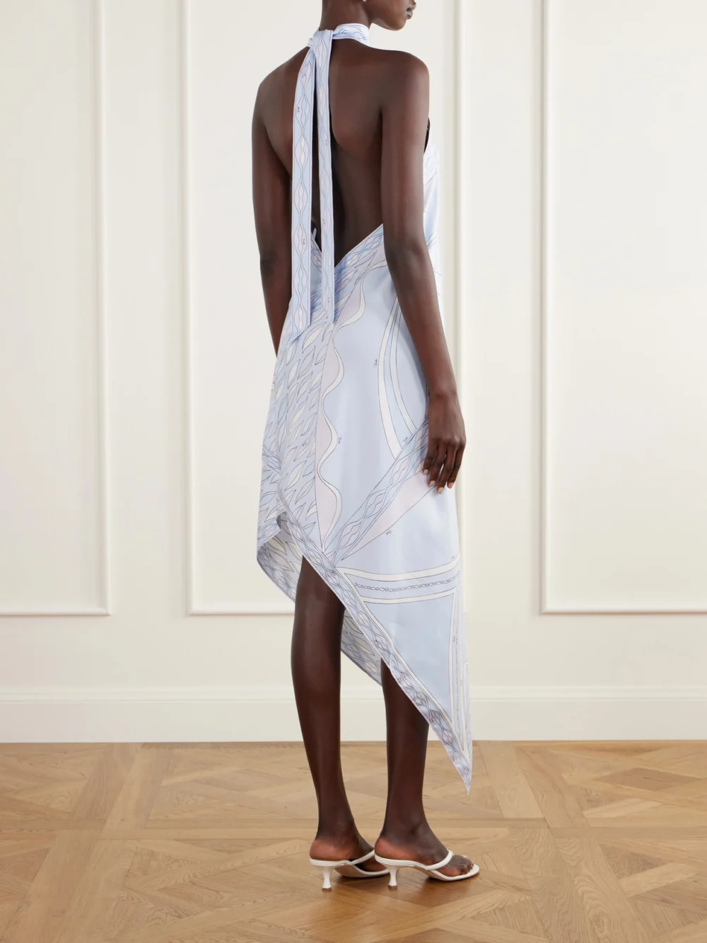 Back view of the Pucci Asymmetric Printed Silk-twill Halterneck Midi Dress