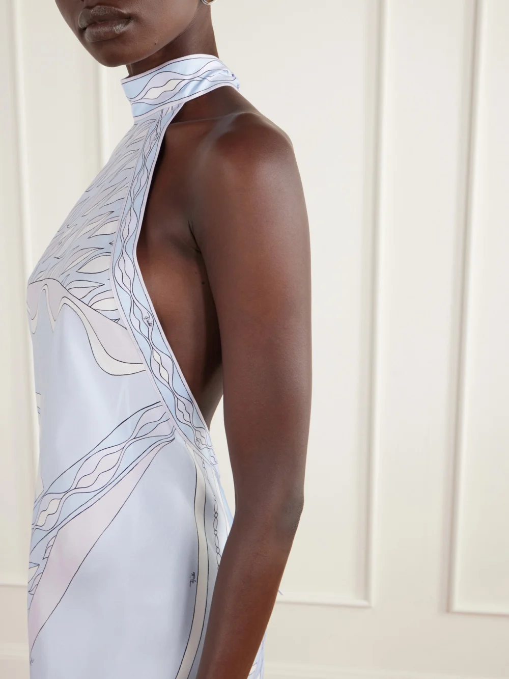 Close-up detail of the Pucci Asymmetric Printed Silk-twill Halterneck Midi Dress
