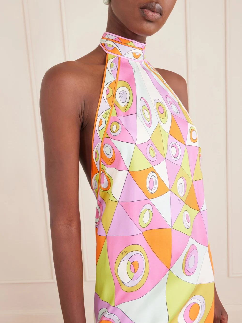 Close-up detail of the Pucci Asymmetric Printed Silk-twill Halterneck Midi Dress