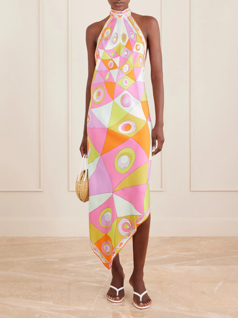 Pucci Asymmetric Printed Silk-twill Halterneck Midi Dress, worn by a model