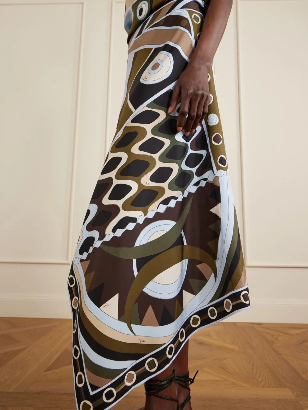 Close-up detail of the Pucci Asymmetric Printed Silk-twill Maxi Skirt