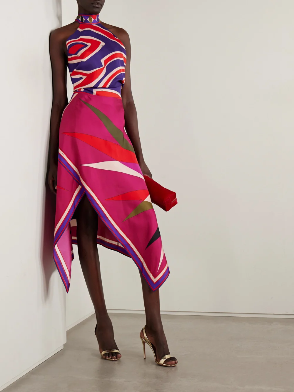 Pucci Asymmetric Printed Silk-twill Maxi Skirt, worn by a model