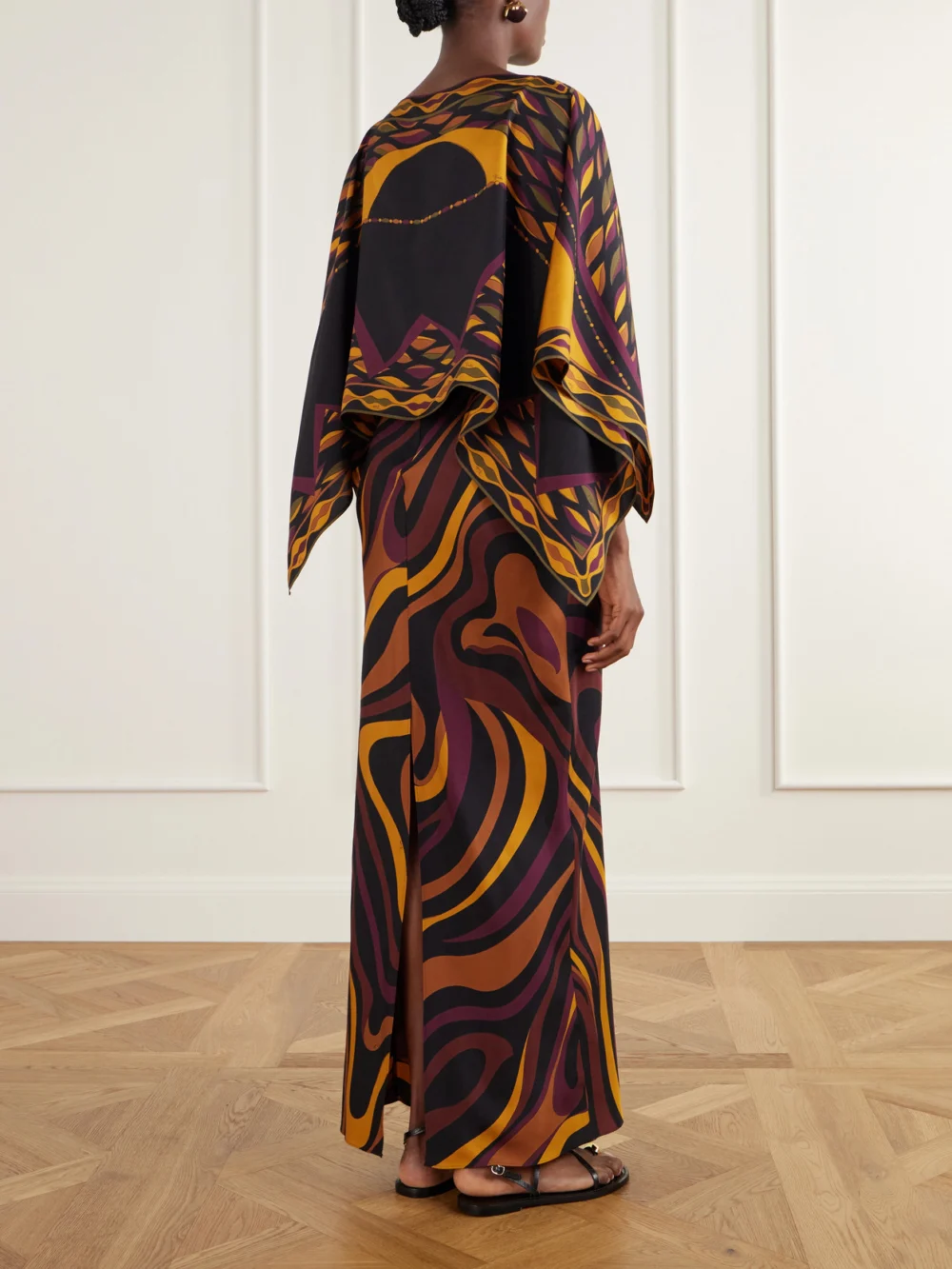 Back view of the Pucci Cape-detailed Printed Silk-twill Maxi Dress