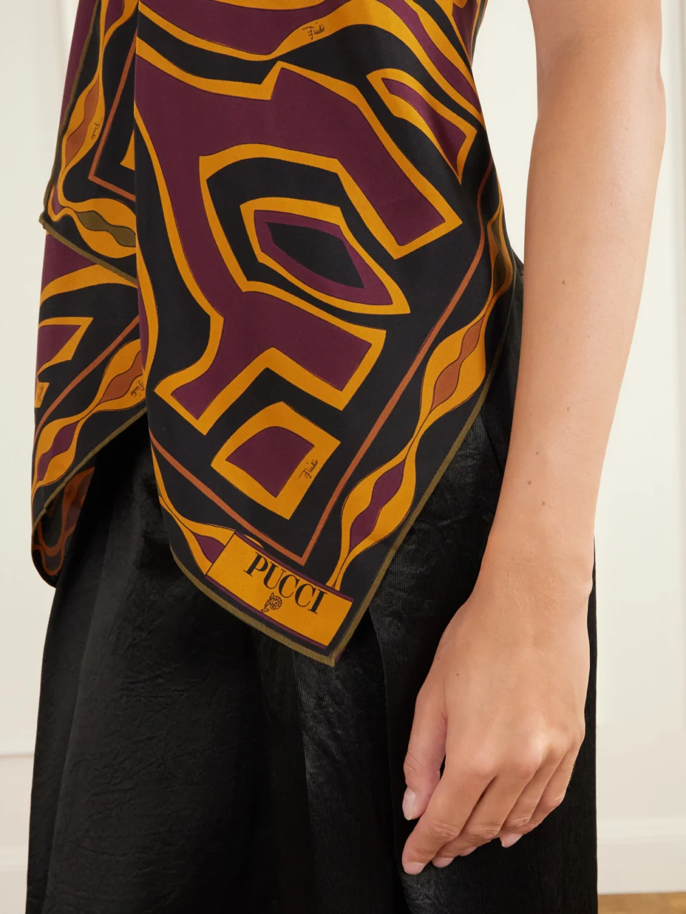 Close-up detail of the Pucci Chain-embellished Draped Printed Silk-twill Halterneck Top