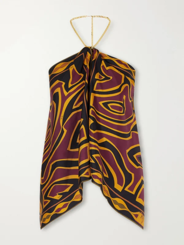Pucci Chain-embellished Draped Printed Silk-twill Halterneck Top
