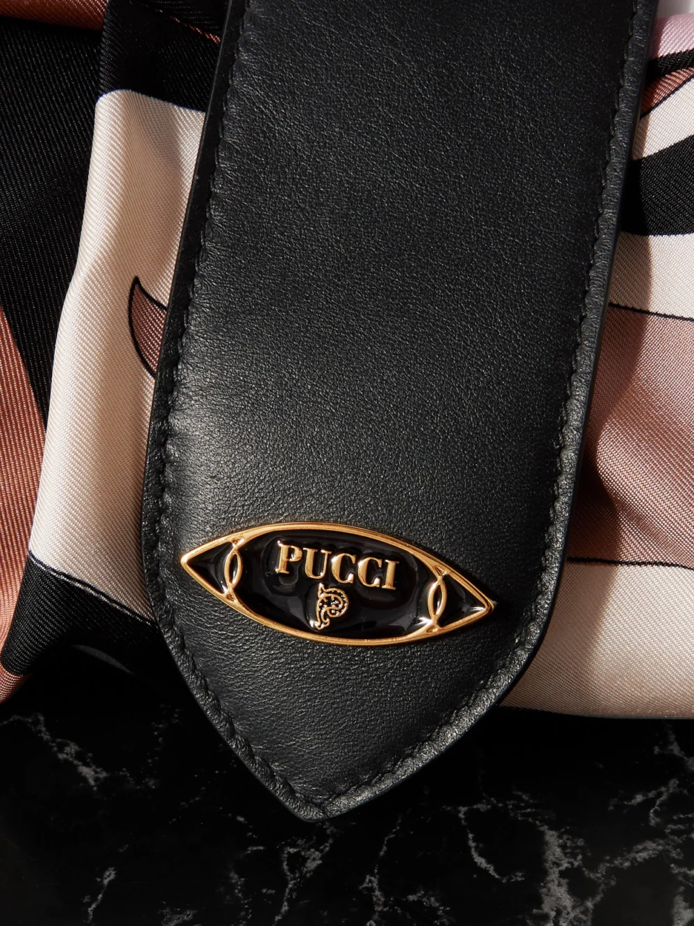 Close-up detail of the Pucci Leather-trimmed Knotted Printed Silk-twill Shoulder Bag