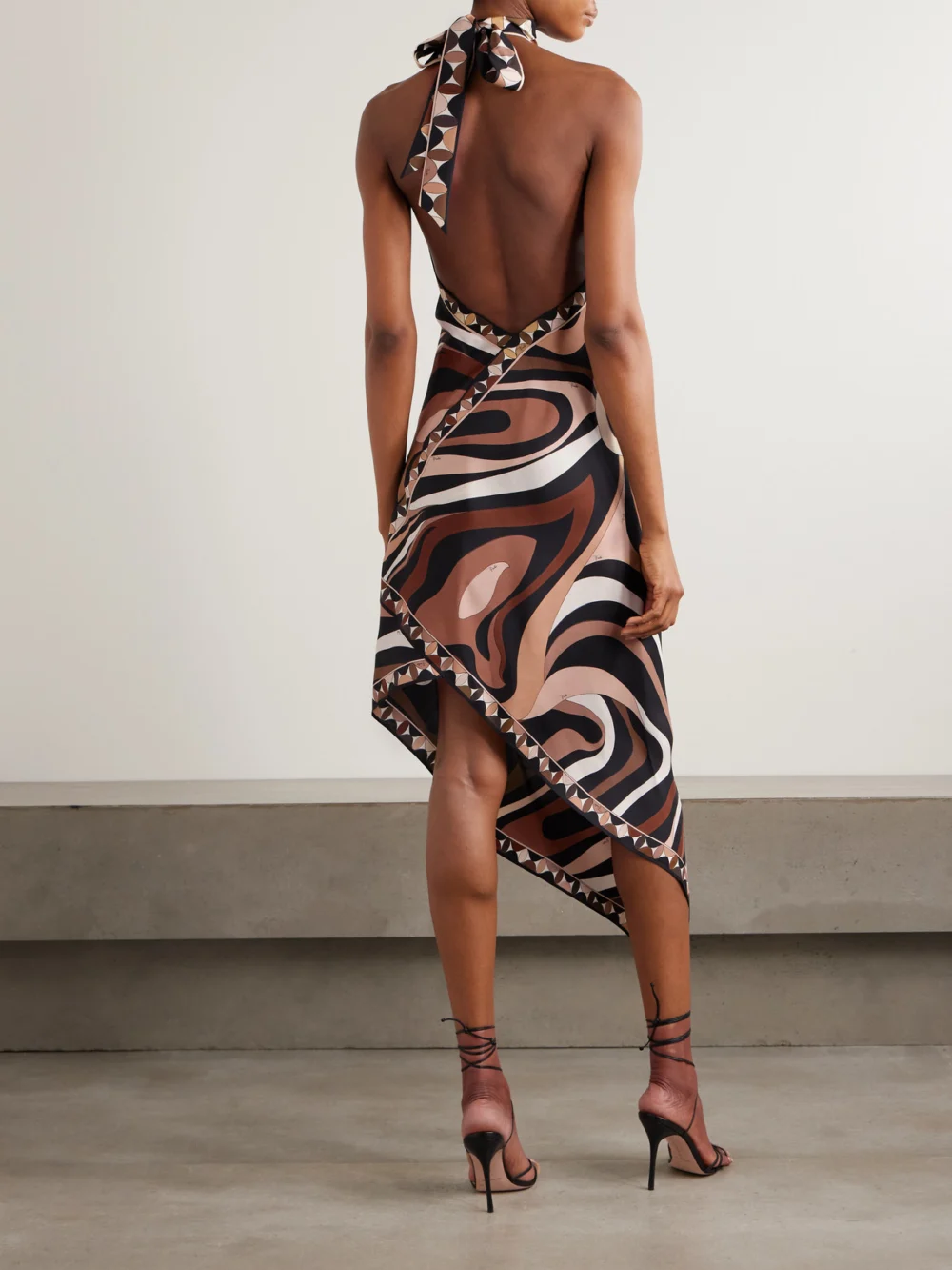 Back view of the Pucci Marmo Asymmetric Printed Silk-twill Halterneck Dress