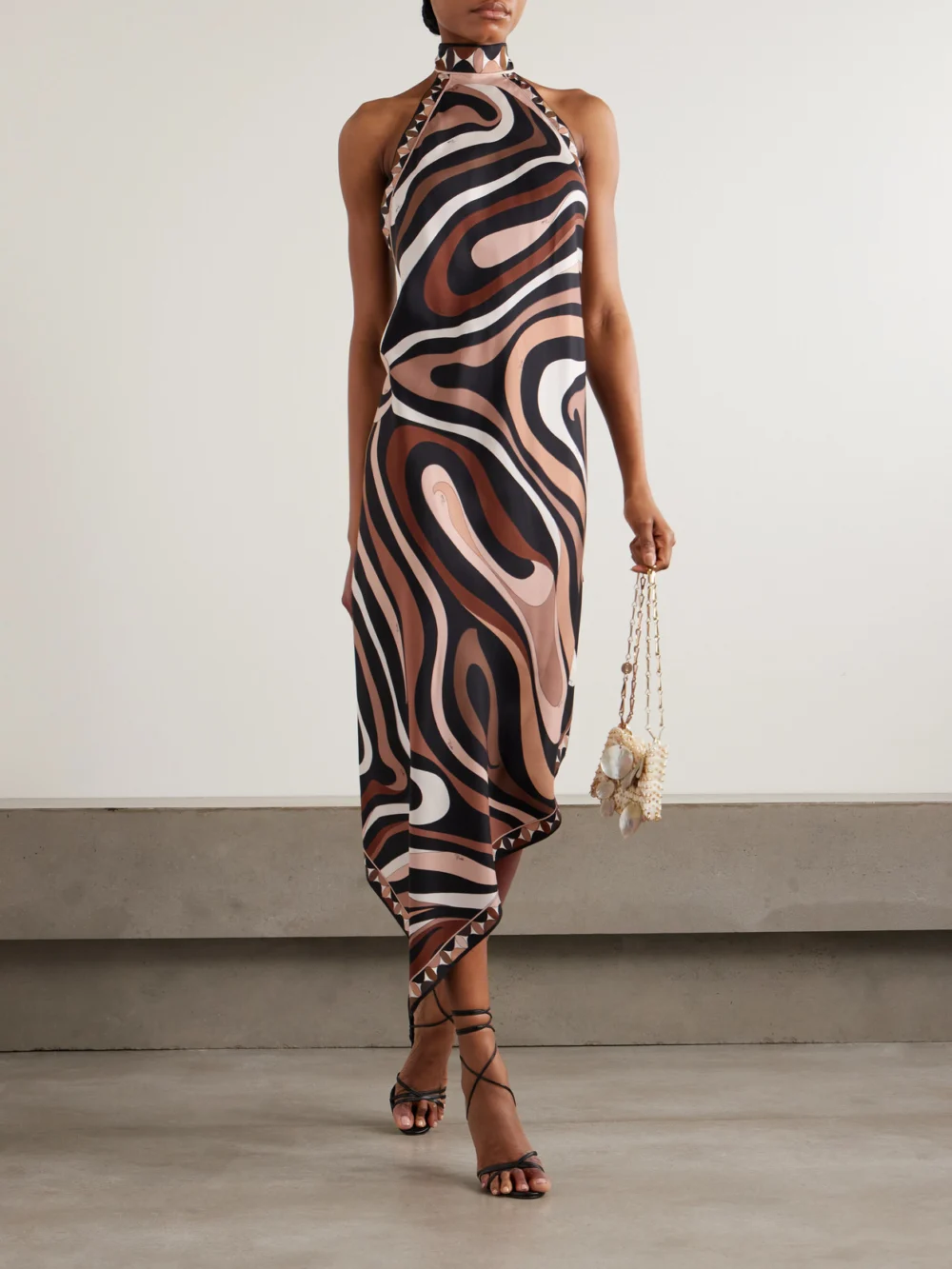 Pucci Marmo Asymmetric Printed Silk-twill Halterneck Dress, worn by a model