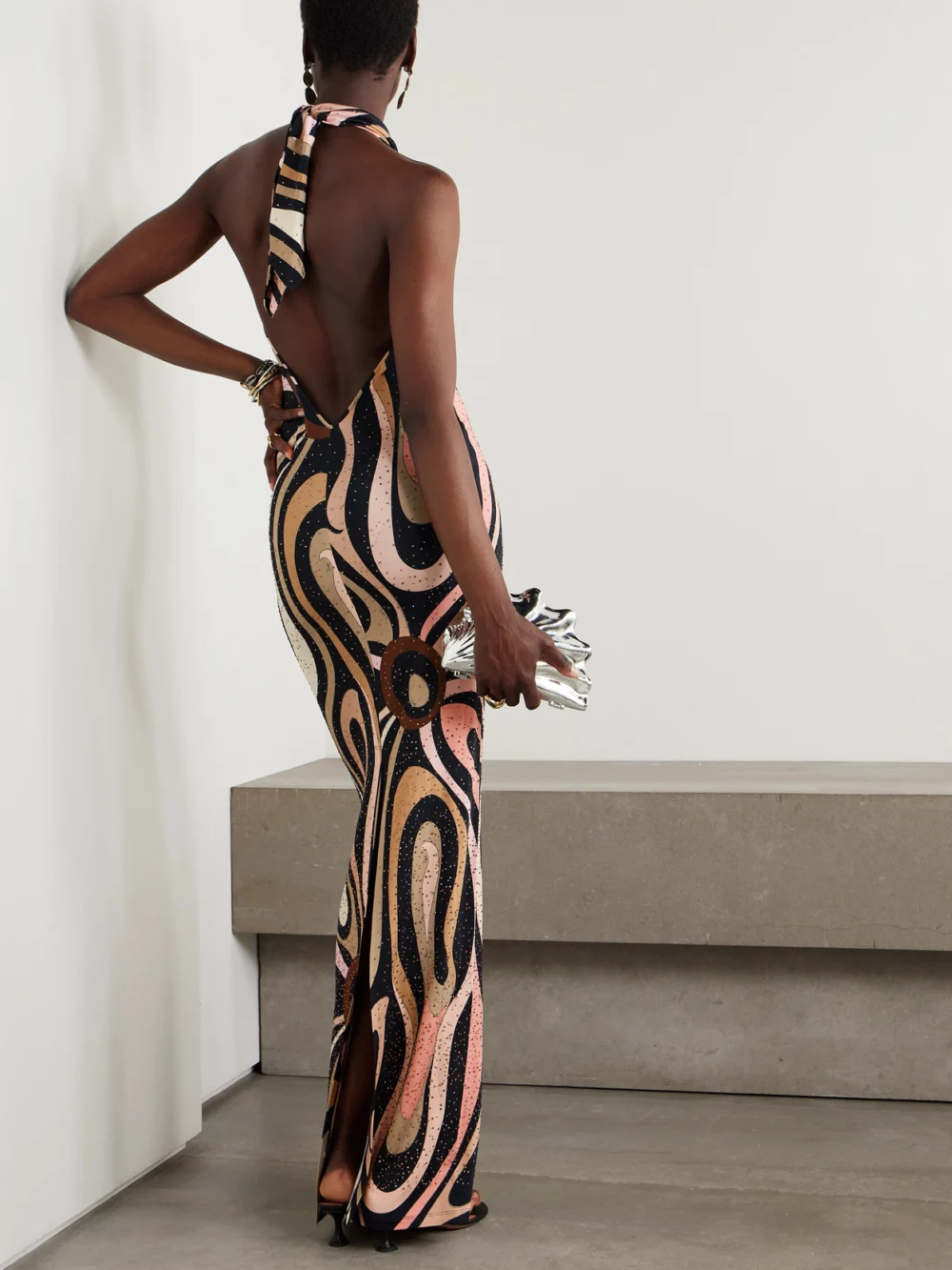 Back view of the Pucci Marmo Crystal-embellished Printed Satin-jersey Halterneck Maxi Dress